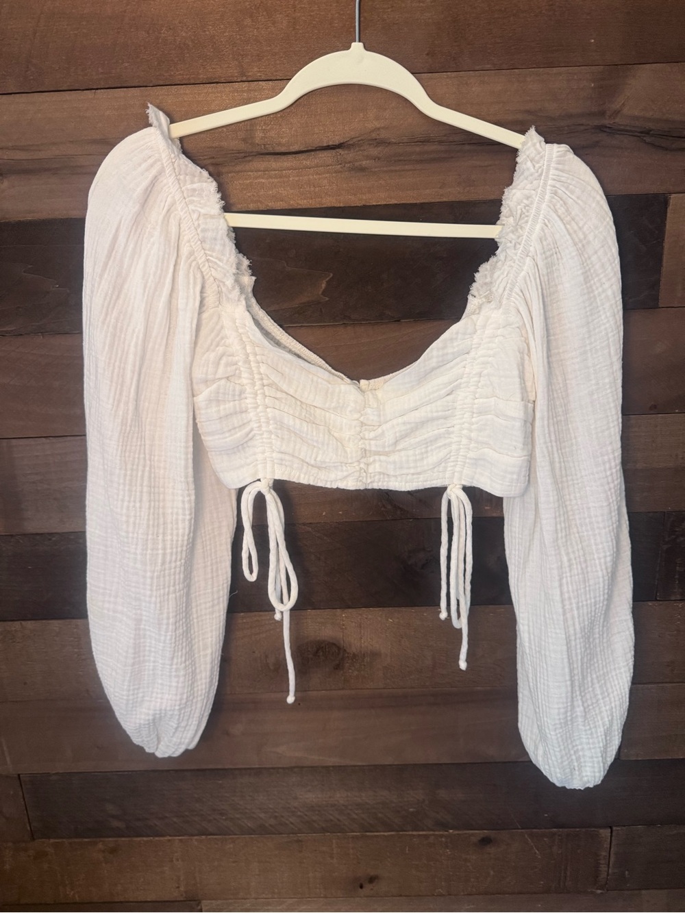 White Puff-Sleeve Cropped Peasant Top with Drawstring
